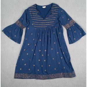 World Market Size L/XL Cotton Boho Floral Lined Lightweight Dress Bell Sleeves